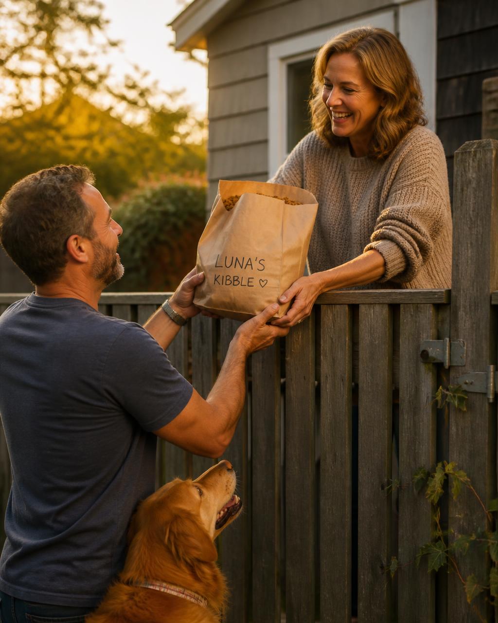 A neighbor passing a paper bag of kibble over a backyard fence while a golden retriever watches